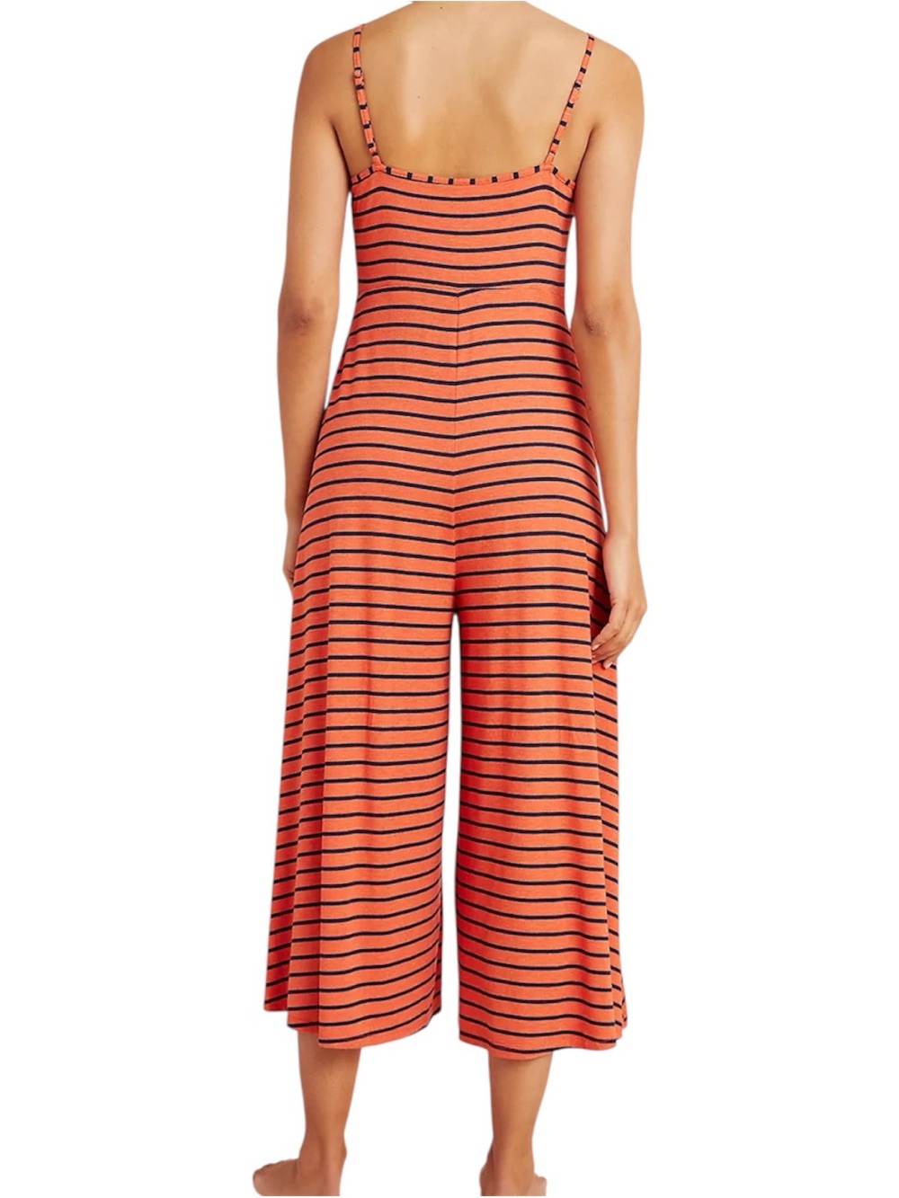 Anthropologie Lissa Wide Leg Jumpsuit Striped Tie Front Coral Navy Blue Medium - Picture 7 of 9